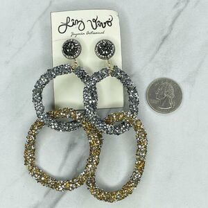 Liz Vivo Chunky Textured Rhinestone Hoop Stud Post Pierced Earrings
